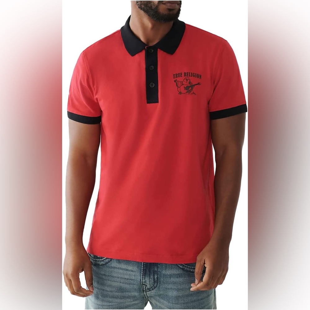 Red Men’s True Religion Buddha Logo Polo size L with Black Collar Detail